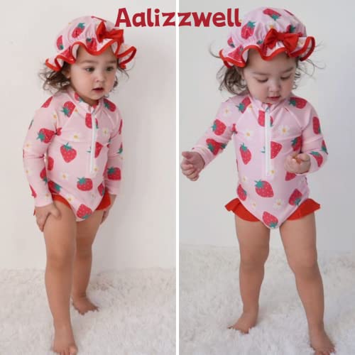 Aalizzwell Infant Baby Girls One Piece Long Sleeve Swimsuit Strawberry Bathing Suit Zip Up Swimwear Beach Wear 3-6 Months Fruit - Image 2