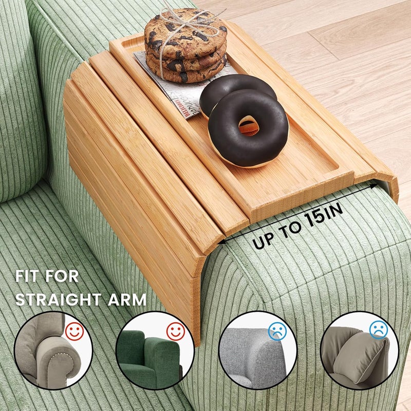 Danfoxer Sofa Arm Tray,Bamboo Folding Couch Arm Tray,Sofa Armrest Trays with Anti-Slip Pad for Drinks,Snacks,Phone,Remote Control（Natural） - Image 3