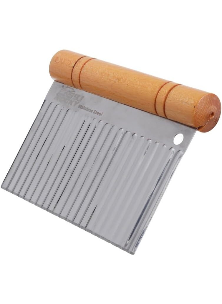 Rocky A stainless steel potato cutter with a comfortable wooden handle for quick and easy slicing of potatoes and vegetables. - Image 2