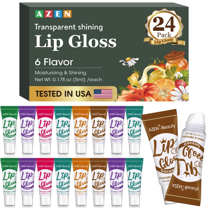 AZEN 24 Pack Lip Gloss Set, Clear Lip Gloss Bulk, Lip Oil for Dry Cracked Lips Moisturizing Hydrating Nourishing with Vitamin E, Valentines Gifts Easter Basket Stuffers - Image 1