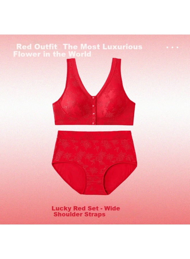 LANG SHA Langsha Mom's Birth Year Underwear Set For Women, Year Of The Horse, Plus Size, Middle-aged And Elderly Front-closure Bra, Qiji Red, Bright Red Pure Cotton Underwear - Image 2
