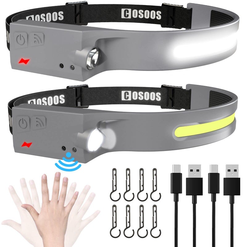 COSOOS 2 LED Headlamp Rechargeable Flashlight, Bright Head Lamp Outdoor, 1000 Lumen 230Â°Wide Beam, Spot Light, Sensor Mode,2.4oz Lightweight, Hard Hat, Hiking, Camping, Christmas Gift -Grey - Image 1