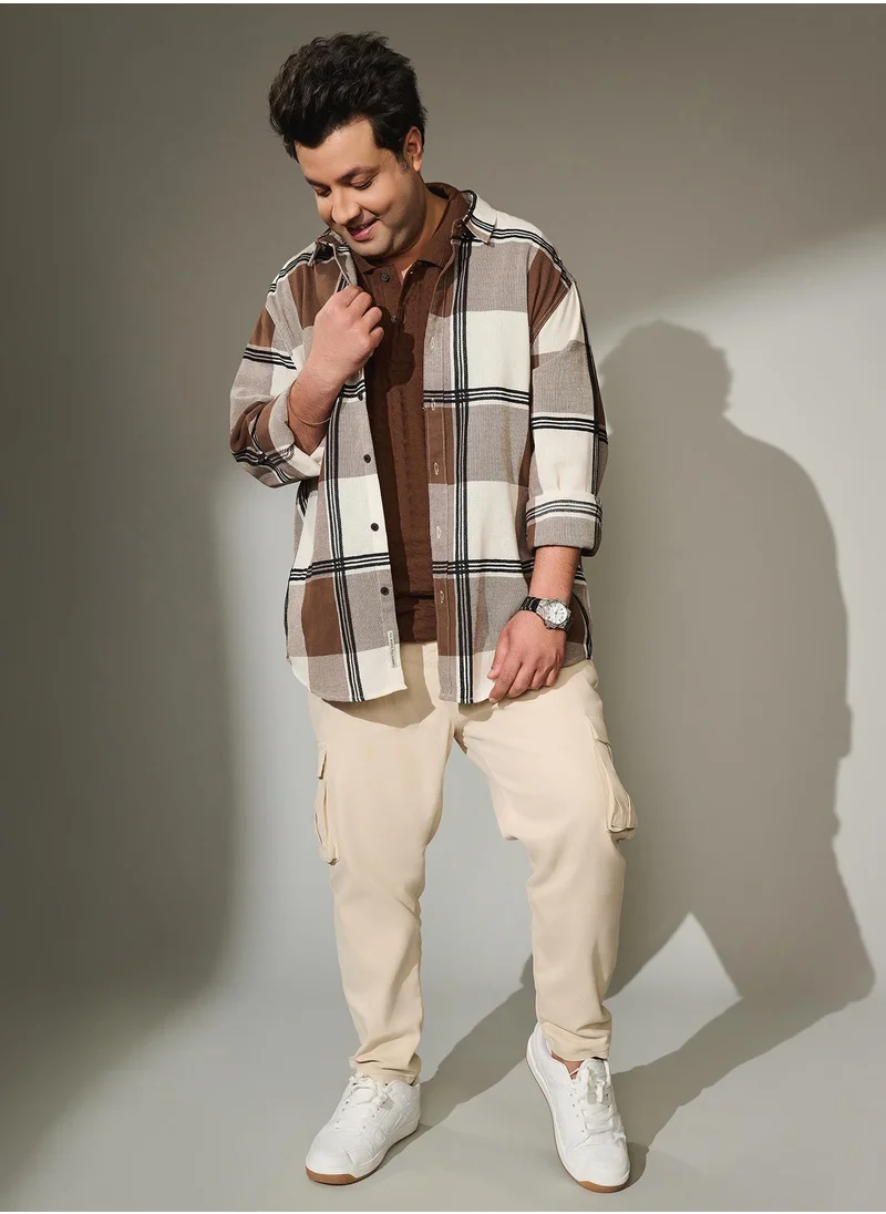 Instafab Plus Instafab Plus Men's Khaki Beige Chino Cargo Trousers For Casual Wear | Mid-Rise | Regular Fit | Button Closure | Plus-Size Cargo Pant Crafted With Comfort Fit For Everyday Wear