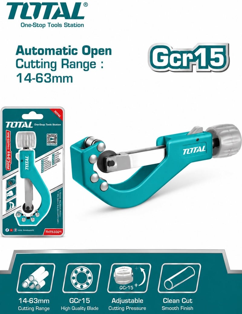 TOTAL Automatic Open Pipe Cutter 14-63mm, GCr15 Cutting Wheel, Adjustable Pressure, Roller Bearing Tube Cutter for Copper, Aluminum & PVC Pipes-TOTAL THT531463 - Image 1
