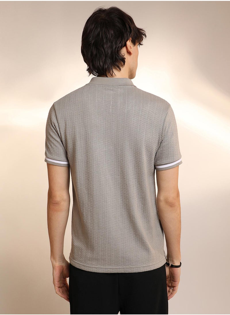 Campus Sutra Men's Cloud Grey Textured Polo T-Shirt  - Image 3