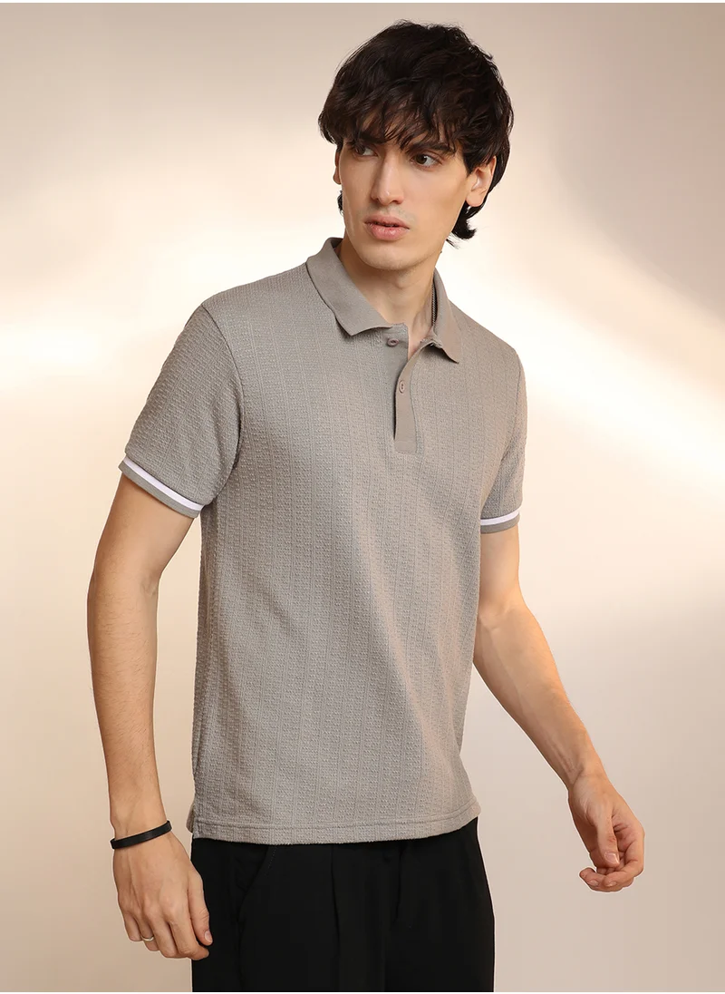 Campus Sutra Men's Cloud Grey Textured Polo T-Shirt