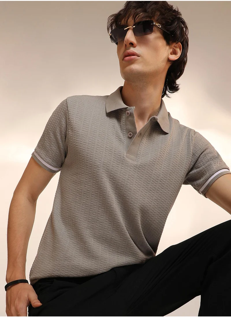 Campus Sutra Men's Cloud Grey Textured Polo T-Shirt