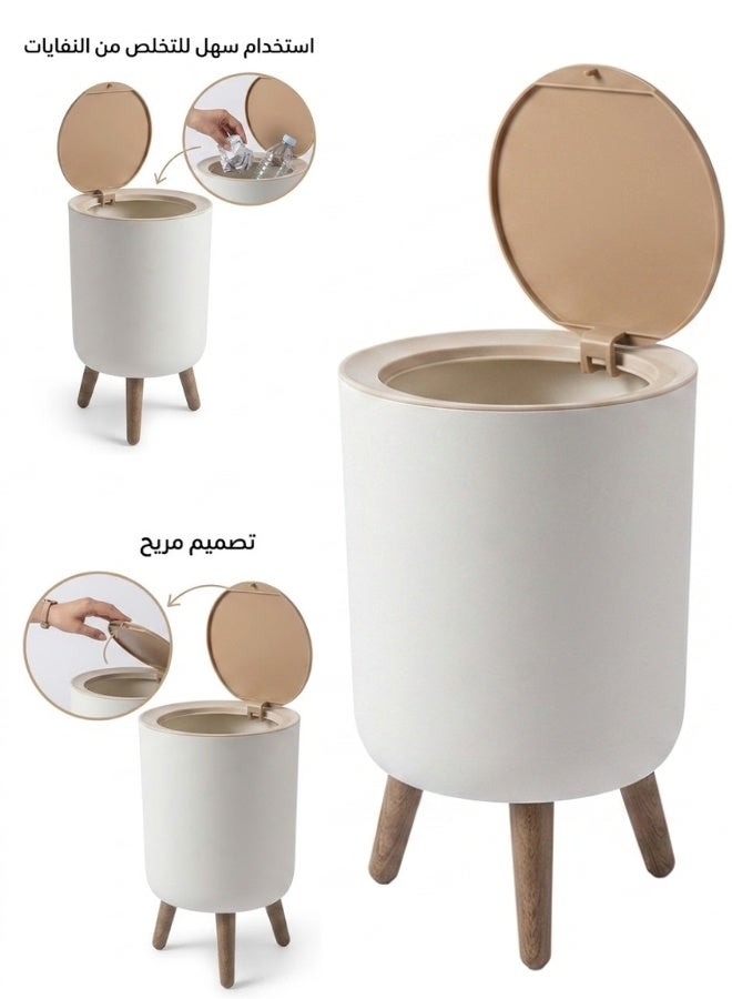 Luxury Nordic Style 7L Round Trash Can with Push Button Lid & Removable Wood-Look Legs – Modern Plastic Garbage Bin with Odor Blocking Cover, Hidden Trash Bag Holder Ring, Elevated Space Saving Waste Basket for Kitchen, Bathroom, Bedroom, Living Room & Office - Image 1