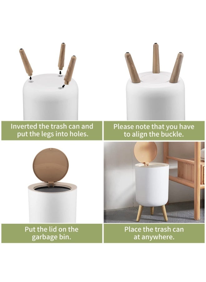 Luxury Nordic Style 7L Round Trash Can with Push Button Lid & Removable Wood-Look Legs – Modern Plastic Garbage Bin with Odor Blocking Cover, Hidden Trash Bag Holder Ring, Elevated Space Saving Waste Basket for Kitchen, Bathroom, Bedroom, Living Room & Office - Image 3