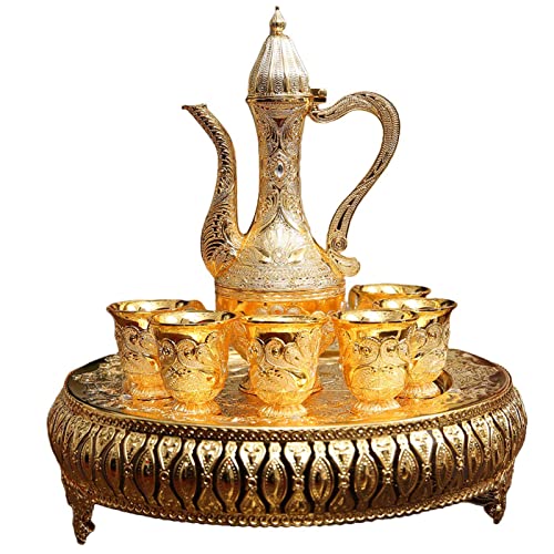 Igtazy Turkish Coffee Cup and Tea Pot Set Including Teapot,Tea Tray,6 Metal Cups,Tea Service Set for Tea Table Decor,Hip Flask(Gold) - Image 1