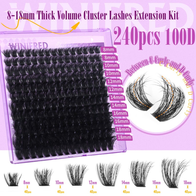 Winifred Lashes Extension Kit Thick Lash Clusters Kit 100D Volume Wispy Lash Clusters Mink Individual Lashes Kit DIY Lash Bond and Seal Lash Remover Lash Tweezers - Image 2