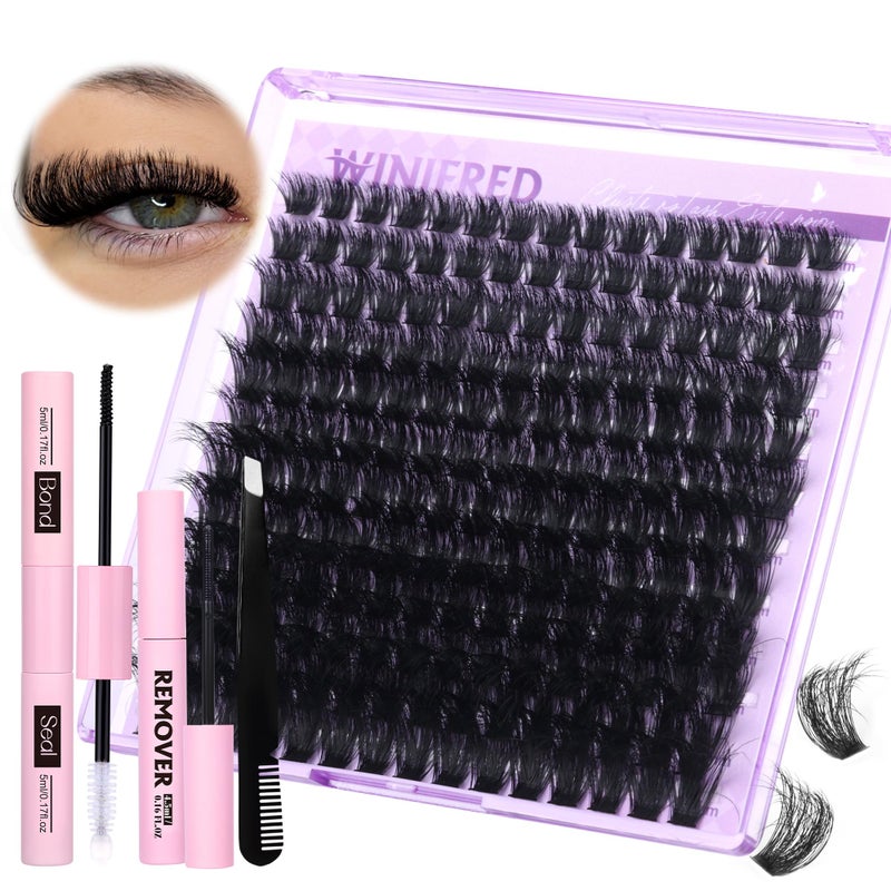 Winifred Lashes Extension Kit Thick Lash Clusters Kit 100D Volume Wispy Lash Clusters Mink Individual Lashes Kit DIY Lash Bond and Seal Lash Remover Lash Tweezers - Image 1
