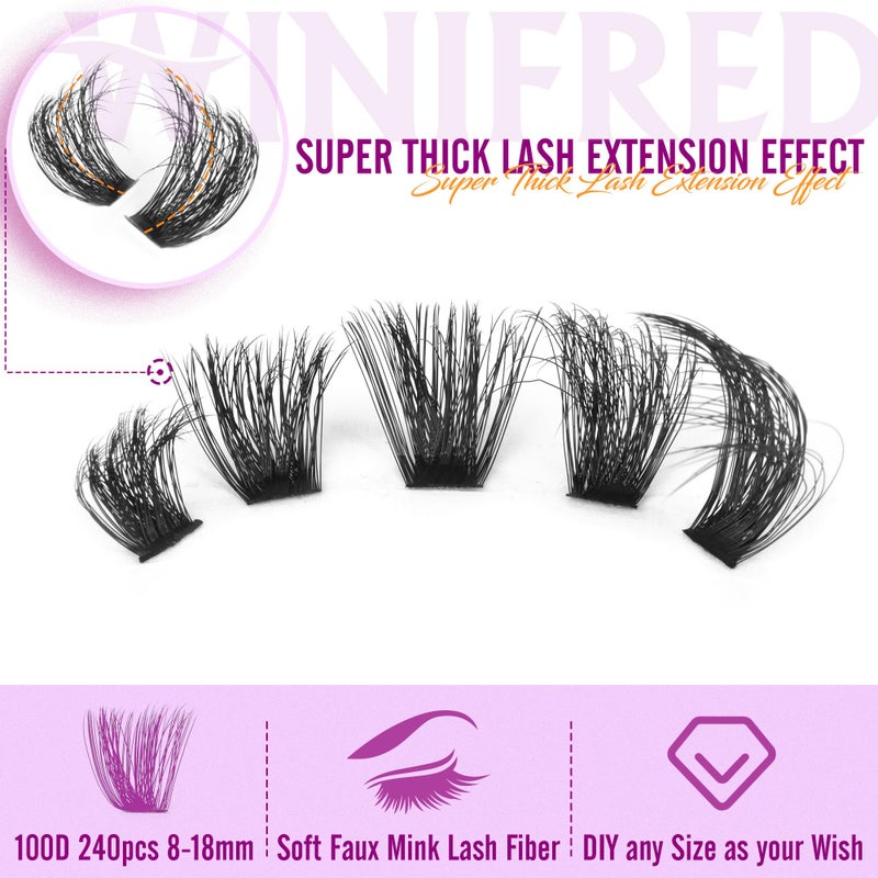 Winifred Lashes Extension Kit Thick Lash Clusters Kit 100D Volume Wispy Lash Clusters Mink Individual Lashes Kit DIY Lash Bond and Seal Lash Remover Lash Tweezers - Image 4