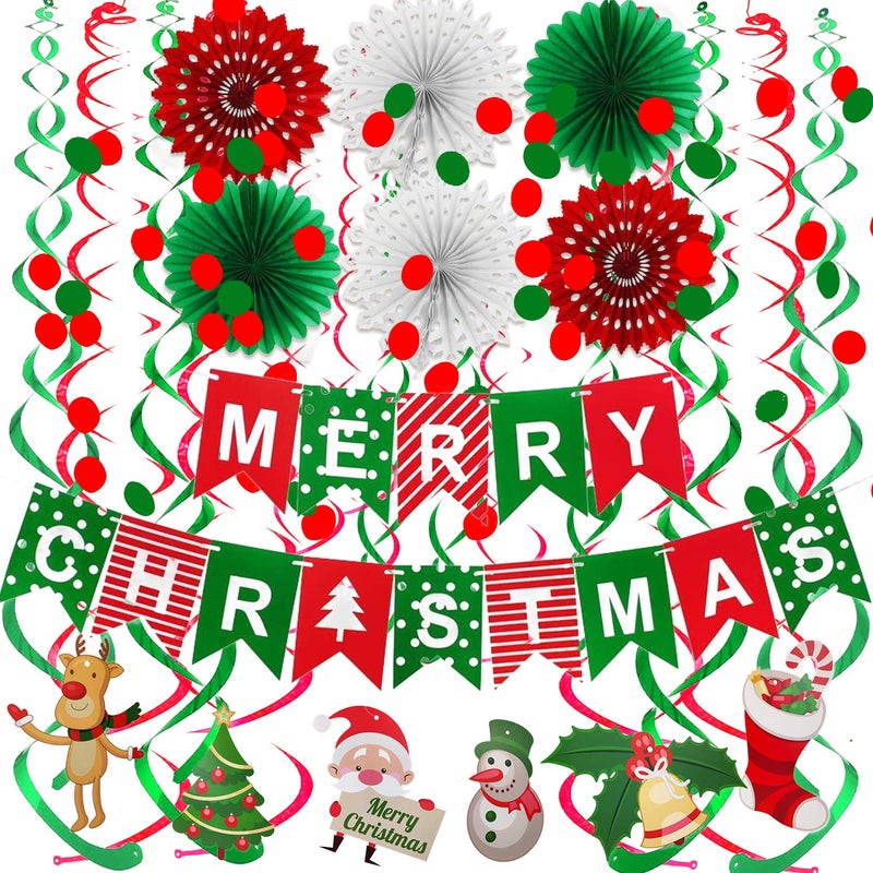 FECEDY Merry Christmas Banner Paper Fan Flower Circle Confetti Dots Hanging Garlandand Swirl Streamers Christmas Tree Christmas Snowman God Tang for Christmas Party Decoration - Image 2