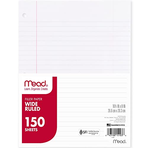 Mead Filler Paper, Loose Leaf Paper, Wide Ruled Paper, 150 Sheets, 10-1/2" x 8", White (15103) - Image 1