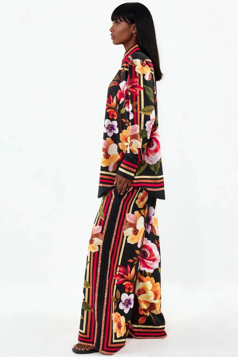 جينيفر Floral Shirt And Wide-leg Trouser Set