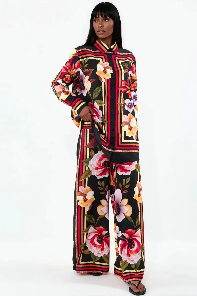 جينيفر Floral Shirt And Wide-leg Trouser Set