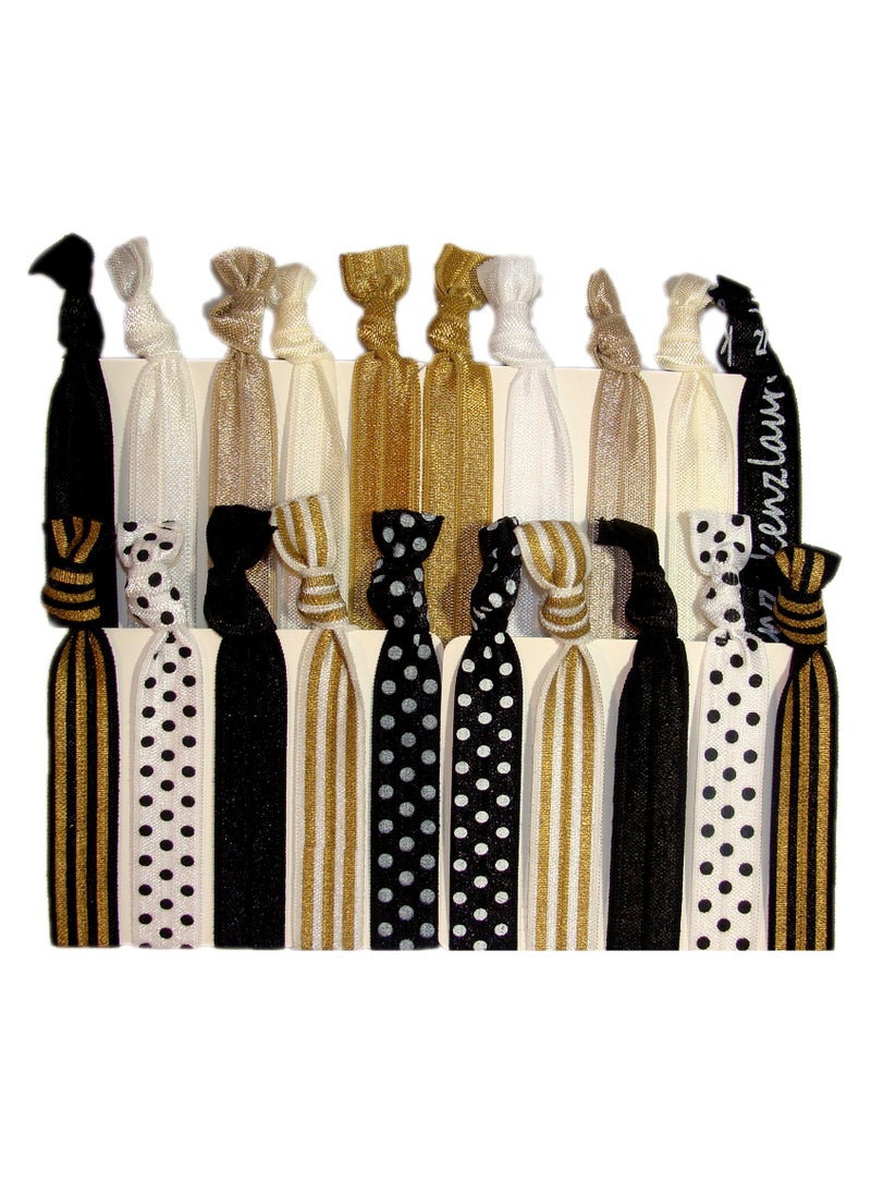 Kenz Laurenz Kenz Laurenz Hair Ties Ponytail Holders - 20 Pack "Sophisticated" Black White Gold Dots Stripes No Crease Ouchless Elastic Styling Accessories Pony Tail Elastics Holder Ribbon Bands 