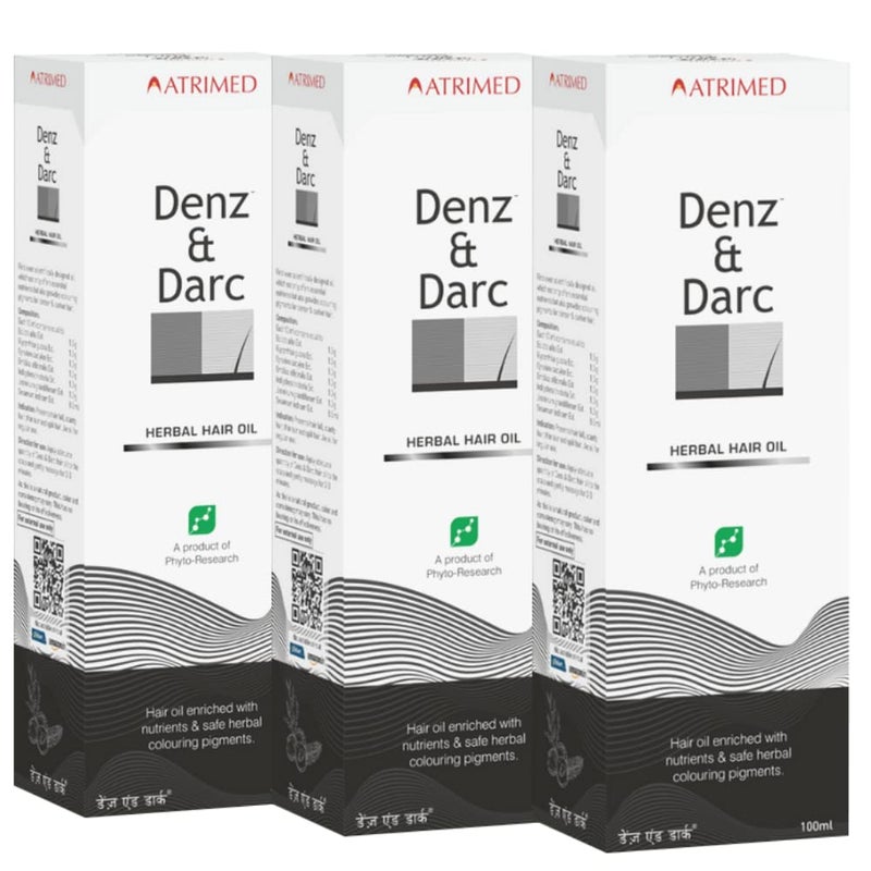 Atrimed Denz  Darc Herbal Hair Oil  Imparts colour to grey hair  Dual benefits of pigments and nutrients  300ml  Pack of 3 - Image 1