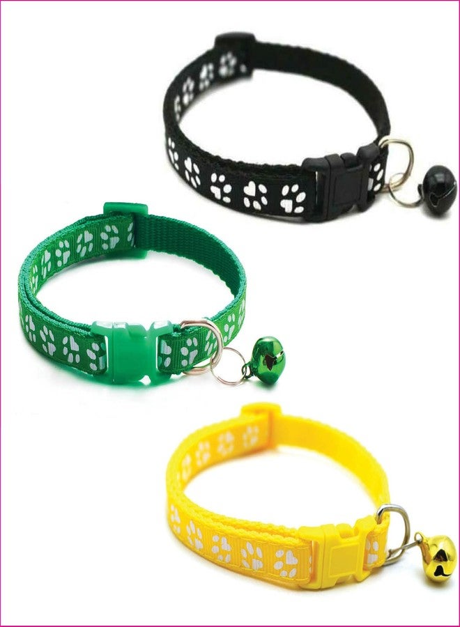 Litvibes Cat Collars Set of 3 with Bell,Kitten & Small Puppies Soft Adjustable Collar Safe,Solid & Protection Breakaway for Cats & Kitten,Cute Kitty Neckband with Paw Print- (Yellow,Black,Dark Green) - Image 1