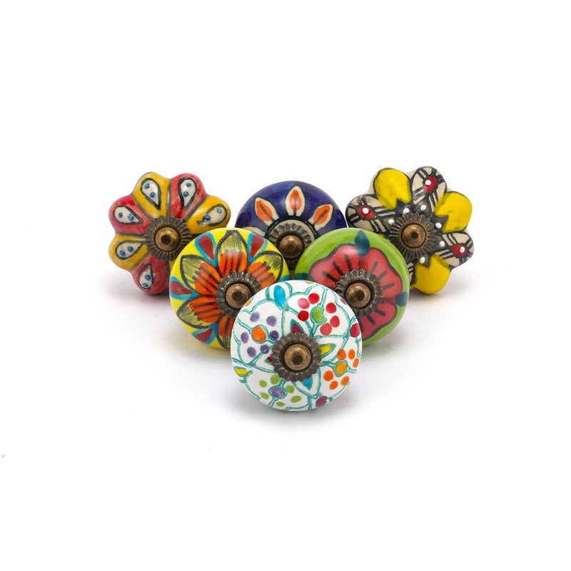 Rasiya Art Cabinet Knobs Pack of 6 Assorted Colorful Ceramic Drawer Pull Handle Kitchen Cabinet Cupboard Wardrobe Knob Proudly Made in India Multicolor