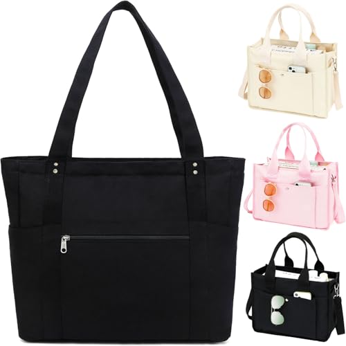 Fammart Large Canvas Tote Bag for Women, Shoulder Handbag with Laptop Compartment for College Work Nurse Travel Gym - Luggage Strap, Zipper Closure, 9 Pockets - Image 1