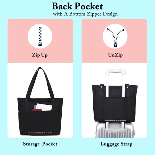 Fammart Large Canvas Tote Bag for Women, Shoulder Handbag with Laptop Compartment for College Work Nurse Travel Gym - Luggage Strap, Zipper Closure, 9 Pockets - Image 4