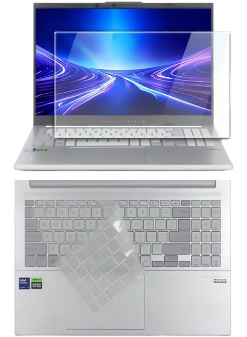 غطاء لوحة مفاتيح شفاف عالي الوضوح من مادة TPU السيليكون متوافق مع ASUS Vivobook Pro 15 (N6506M) 15.6 إنش 2024، مع حامي شاشة من زجاج مقسى عالي الدقة - Image 1