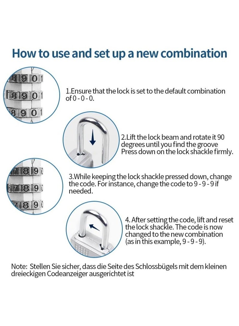 3 Digit Small Combination Lock Small Padlock for Mini Lockers, Travel Padlocks, Diary, Boxes, Luggage, Backpacks, Silver - Image 3