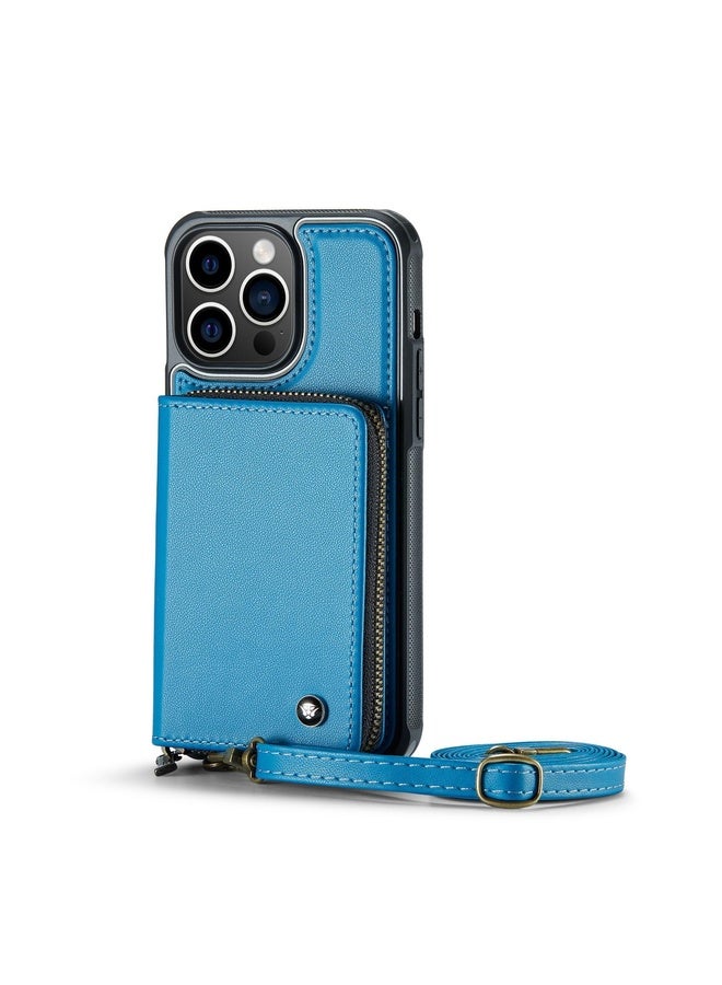 Case Cover For iPhone 13 Pro Max JEEHOOD C22 Series Zipper Wallet Leather Phone Case with Dual Lanyard(Blue)
