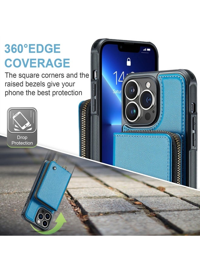 Case Cover For iPhone 13 Pro Max JEEHOOD C22 Series Zipper Wallet Leather Phone Case with Dual Lanyard(Blue)