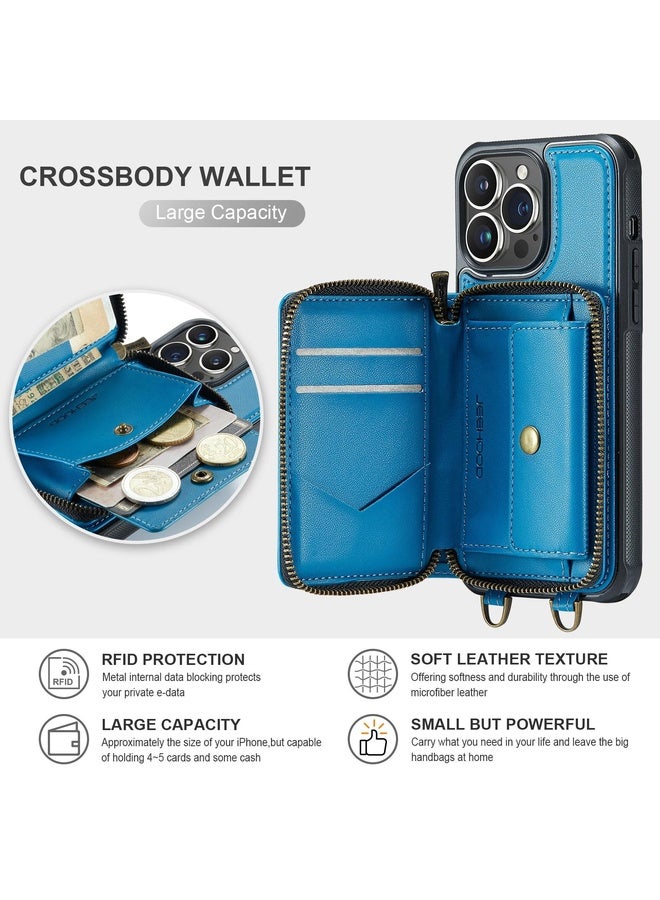 Case Cover For iPhone 13 Pro Max JEEHOOD C22 Series Zipper Wallet Leather Phone Case with Dual Lanyard(Blue)