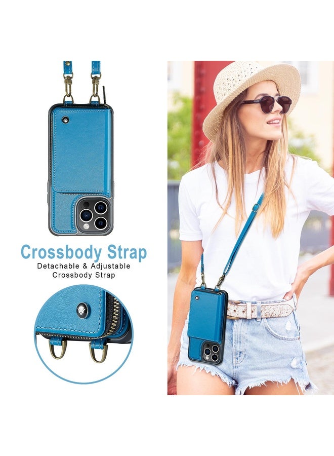 Case Cover For iPhone 13 Pro Max JEEHOOD C22 Series Zipper Wallet Leather Phone Case with Dual Lanyard(Blue)