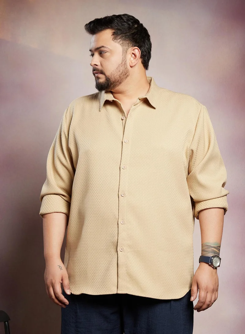 Instafab Plus Instafab Plus Men's Sand Beige Interweave-Tactile Shirt For Casual Wear | Spread Collar | Long Cuffed Sleeves | Button Closure | Plus Size Shirt Crafted With Comfort Fit For Everyday Wear
