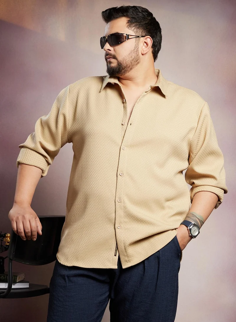 Instafab Plus Instafab Plus Men's Sand Beige Interweave-Tactile Shirt For Casual Wear | Spread Collar | Long Cuffed Sleeves | Button Closure | Plus Size Shirt Crafted With Comfort Fit For Everyday Wear