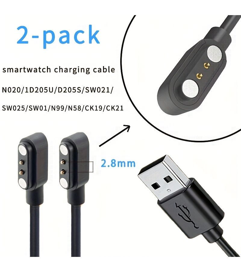 2 Pack Charger For SW021 SW025 SW01 SW023 Uwatch3 Uwatchufit Uwatchgt Smartwatch Black - Image 1