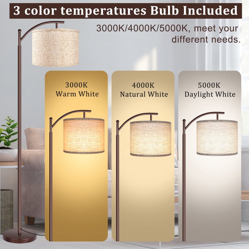 Rottogoon Floor Lamp for Living Room, LED Standing Lamp Tall Industrial Floor Lamp Reading for Bedroom, Office (9W LED Bulb, Beige Lampshade Included) -Oil-Rubbed Bronze - Image 2