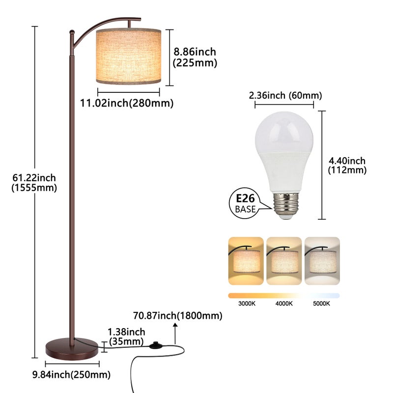 Rottogoon Floor Lamp for Living Room, LED Standing Lamp Tall Industrial Floor Lamp Reading for Bedroom, Office (9W LED Bulb, Beige Lampshade Included) -Oil-Rubbed Bronze - Image 4