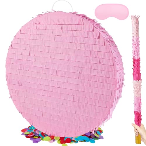 PCFING 18 Inch Round Blank Piata Diy with 30 Inch Piata Stick Blindfold Confetti for Boy Girl Adult Birthday Party Game Decorations Anniversary Celebration Fiesta Pink - Image 1