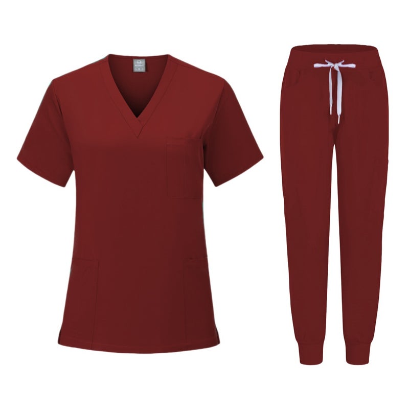 Quick-Dry Stretch Scrub Set Womens Short Sleeve Workwear 82005 wine red 