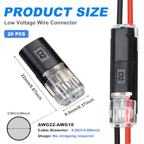 hongliang Double Wire Plug in Connector,Quick Disconnect 2 Pin Led Connector No Wire Stripping Cutting,Low Voltage Light Led Strip connectors with Locking Buckle(20PCS) - Image 2
