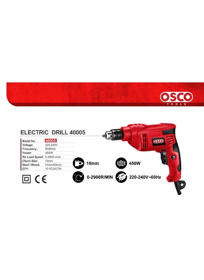 OSCO 10mm 450W Drill is an electric drill designed to meet the needs of drilling in a variety of materials such as wood, metal, and plastic. It is compact and easy to use, making it ideal for home and light industrial work.