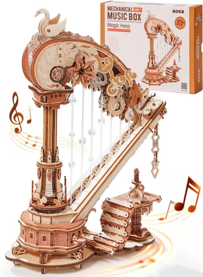 ROKR 3D Puzzle Magic Harp Music Box, Buildable Model Kit with Mechanical Movement & Ave Maria Melody, Elegant Home Decor for Desk & Shelf - Image 1