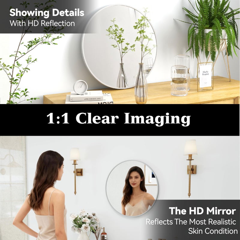 SCWF-GZ 24" Round Mirror Circle Wall Mounted Hanging or Against Wall Aluminum Alloy Metal Frame Dressing Make-up Mirrors for Entryway Bedroom Bathroom Living Room 24 inch Silver - Image 5