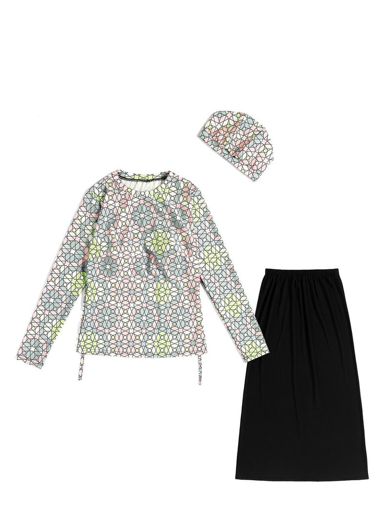 Loquat Women's 3-Piece Conservative Swimwear Set Long Sleeve Burkini And Skirt Swimsuit Set Multicolor  - Image 3
