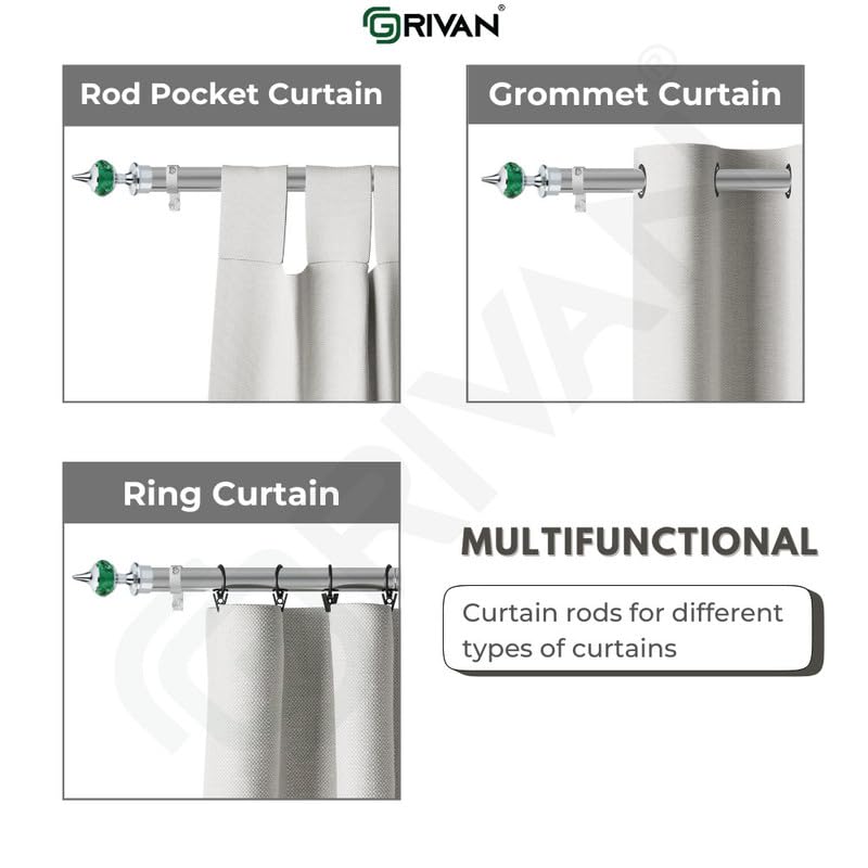 GRIVAN Stainless Steel 1 Inch Curtain RodPipe Green Diamond curtain KnobFinials and Curtain SupportBracket For Window Door Curtain Holder Set 81 Inch - Image 3