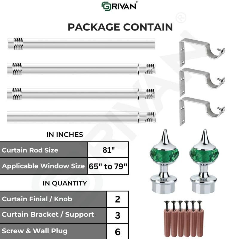 GRIVAN Stainless Steel 1 Inch Curtain RodPipe Green Diamond curtain KnobFinials and Curtain SupportBracket For Window Door Curtain Holder Set 81 Inch - Image 5