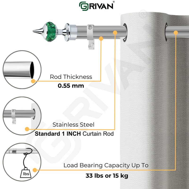 GRIVAN Stainless Steel 1 Inch Curtain RodPipe Green Diamond curtain KnobFinials and Curtain SupportBracket For Window Door Curtain Holder Set 81 Inch - Image 2