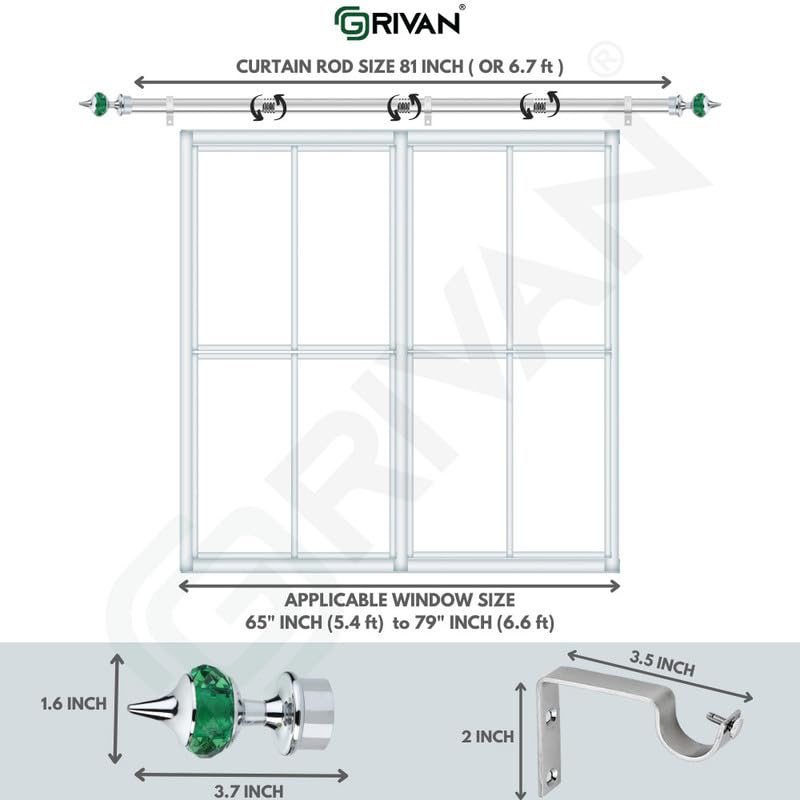 GRIVAN Stainless Steel 1 Inch Curtain RodPipe Green Diamond curtain KnobFinials and Curtain SupportBracket For Window Door Curtain Holder Set 81 Inch - Image 4
