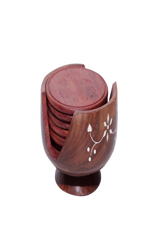 DWH Deluxe Wood HANDICRAFTS Wooden Handmade Tea Coaster Plates // Design Lotus Wood 1 Peice with 6 Plates - Image 1